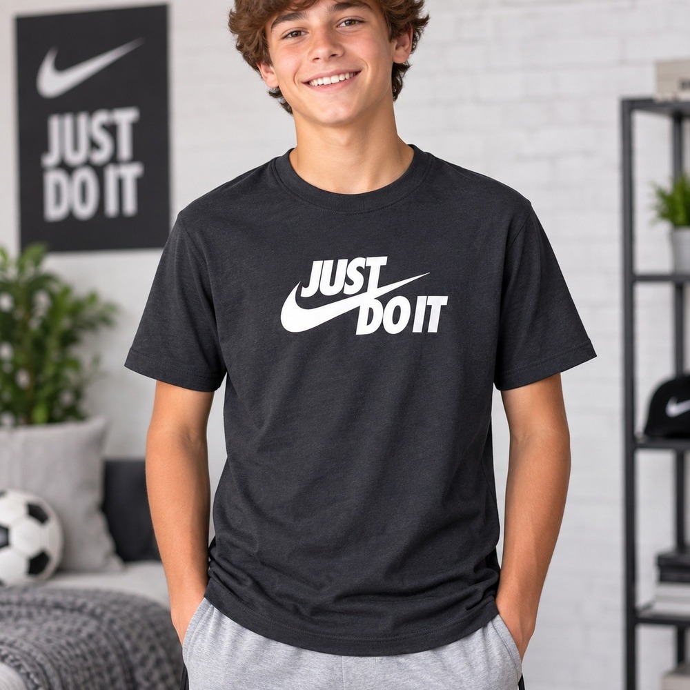 Nike Kids Just Do It Swoosh Graphic Tee Black Cotton Shirt Boys New